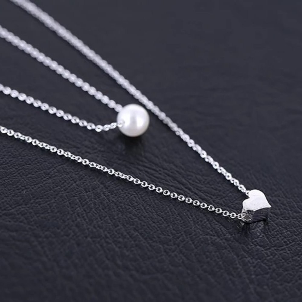 925 Sterling Silver Double Layer Pearl Heart Necklace - Picture 4 of 10